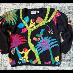 AMAZING VINTAGE Jungle Safari Sweater TLC by Lambert Chunky Knit 3D Monkeys